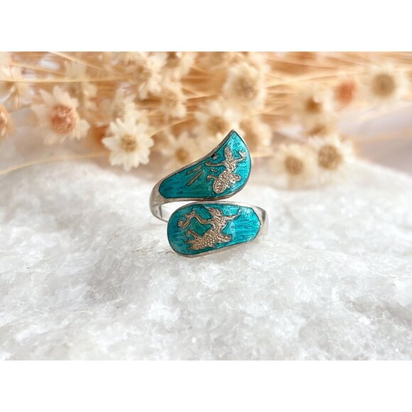 Teal Guilloche Wrap Siam Thai Nielloware 925 Sterling Silver Vintage Ring - sz 7 - Picture 10 of 15